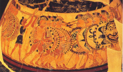 Chigi
vase, olpe
c. 650 BC 
Orientalizing Period
-Hoplites in formation (locking shields together)
-shields painted to scare the enemy
-the actual battle was short