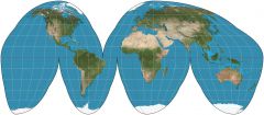   Map projection that maintains area but divides oceans which distorts distance.