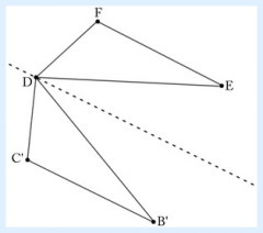 In this picture, segment AB is congruent to segment DE, segment AC is congruent to segment DF and segment BC is congruent to segment EF. Show that the two triangles ABC and DEF are congruent through a series of rigid transformations of the plane s...