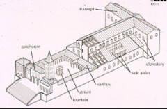 Formal Analysis: Old St. Peter's Basilica, Rome, Italy / late Antique Europe, early 4th century CE, roof: wood--complete disrepair
 
-nave, large central area
-narthex--adaptation of the portico
-transept--wings (hallways) off of the apse
-atrium-...