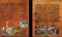 Formal Analysis: Rebecca and Eliezer at the Well and Jacob Wrestling the Angel, from the Vienna Genesis, Early Byzantine Europe, early sixth century CE, animal skin and paint, #50
 
-from one of the earliest books that exists--medieval book--rare
...