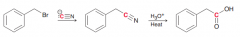 1.SN2 reaction with CN- /2.Acidic hydrolysis of CN group