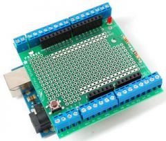 A dual-purpose shield with a 0.1" grid prototyping area and also extends the Arduino pins to screw terminal blocks.   The stackable wing design allows it to fit under other shields and still get easy access to the analog and digital ports of the ...