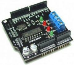 Uses the L293 chip to drive two 7-12V DC motors with up to 1A current.