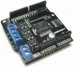 Uses the L293 chip to drive two 7-12V DC motors with up to 2A current.   The shield can be powered directly from the Arduino or from an external power source.