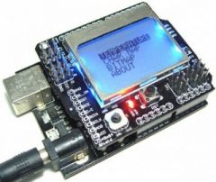 The LCD4884 Shield provides a 48x48 pixel display. It is able to display English, Chinese, and images. It also integrates a 5 DOF joystick. The shield has 6 Digital IO and 5 Analog IO.