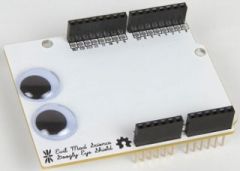 The shield provides a simple platform with labeled break-out points from every position on the edge connectors with room to fit a little battery pack, a relay, a breadboard, or whatever else you need to mount in your stack. Plus, googly eyes!