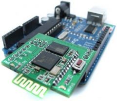 The Bluetooth Shield is a serial port Bluetooth module (slave) breakout board that uses the Arduino UART for Bluetooth communication.