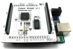The Colors shield drives an RGB LED matrix using an LED driver chip that incorporates shift registers, data latches, constant current outputs and 64 x 256 gray level PWM for per color. Each channel can provide a maximum current of 60 mA.
