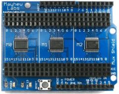 The Mux (Multiplexer) Shield adds the capacity for up to 48 inputs or outputs on the Arduino and Arduino Mega.   Using three Texas Instruments CD74HC4067 Analog Multiplexers, the Mux Shield makes it possible to have 48 analog/digital inputs or di...