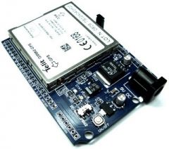 Supports either the GM862 or GM862-GPS quad-band cellular modem module. Allows the Arduino to make phone calls, send SMS text messages, and send data via GPRS.