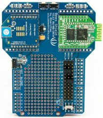 Holds 2 xBee or compatible modules, has a 3.3V regulator, small prototyping area and reset buttons for both the Arduino and one for each xBee footprint.   Switch to change the connection of the xBee socket to the serial pins to "cross over" to al...