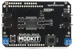 The Modkit MotoProto Shield for Arduino that makes it easy to connect up to 4 sensors and control two DC motors as well as a 16X2 character LCD. The sensor jacks accept 2.5mm cables and provide access to VCC, GND, and an analog input.