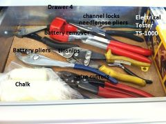●	Chalk
●	Lug remover
●	Wire cutter
●	Tinsnips
●	Battery remover
●	Channel locks
●	Needle nose pliers
●	Pliers 
●	TS-1000 electrical tester