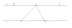 In this diagram, lines a and b are parallel. Since these lines are parallel, ∠BAC = ∠B'CA and ∠ABC=∠BCA'. Since the three angles form a striaght line, ∠B'CA+∠ACB+∠BCA'=180°. By substitution, ∠ABC+∠BCA+∠CAB=180°.