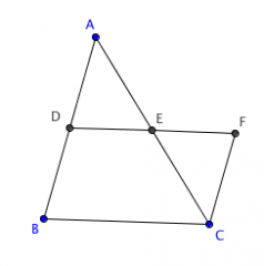 Let AD=BD and AE=CE. Extend DE beyond E to F such that DE=EF. Since AE=CE, triangles ADE and CEF are equal, making CF ‖ AB (or CF ‖ BD) because, for the transversal AC, the alternating angles DAE and ECF are equal. Also, CF=AD=BD, such that BD...