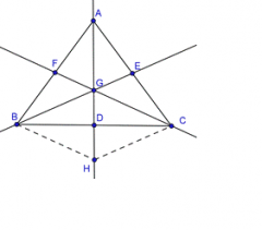 1. Point F is a midpoint of AB 
1. By construction 
2. Point E is a midpoint of AC 
2. By construction 
3. Draw BE 
3. By construction 
4. Draw FC 
4. By construction 
5. Point G is the point of intersection between BE and FC 
5. Intersec...