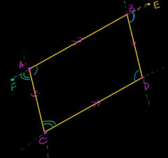 1. Parallelogram ABCD 
1. Given 
2. ∠CDB ≅ ∠EBD 
2. Alternate interior angles are congruent 
3. ∠EBD ≅ ∠BAC 
3. Corresponding angles are congruent 
4. ∠CDB ≅ ∠BAC 
4. Substitution 
5. ∠ACD ≅ ∠FAC 
5. Alternate inte...