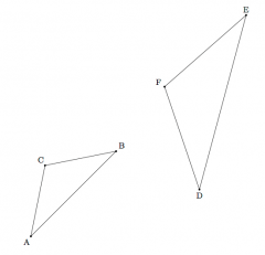 In these two triangles, m∠A=m∠D and m∠B=m∠E. Using a sequence of translation, rotation, reflections and/or dilations, show that ∆ABC is similar to ∆DEF.