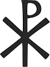 

a monogram of chi (Χ) and rho (Ρ) as the first two letters of Greek Khristos Christ, used as a Christian symbol.