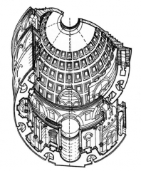 Shown below is a “worm’s eye” view of the Pantheon dome. What is the opening at the top called? What are the recesses in the concrete dome interior called? As always, spelling must be correct for full credit.