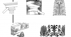 Label the images below with the terms provided:
Astragal Antefix Anthemion Abacus Acanthus