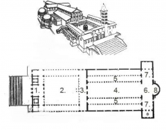 Label the eight (8) components shown on the Early Christian basilican plan below: