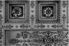Identify four (4) design motifs present in this ceiling detail from the Basilica di S. Paolo Fuori le Mura: