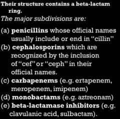 - Penicillins
- Cephalosporins
- Carbapenems
- Monobactams
- β-Lactamases