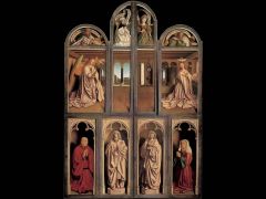 Who are the two people in the bottom corners and what role do they play in this altarpiece?