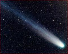 Explain what a Comet is, where it comes from, how it travels (orbit, no orbit, etc.), and which way its tail points.