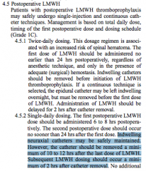 A



American Society of Regional Anaesthesia (ASRA) guidelines of neuraxial anaesthesia and anticoagulation

“An indwelling epidural catheter should be removed 10-12 hours after the last dose of LMWH”


 


And at least two hours befo...