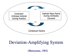 The orchestra is a deviation-amplyfing human system example because people in the orchestra tend to be very critical and tough. For instance the conductor criticizes violinist during practice and the violinist performs poorly during the orchestra ...