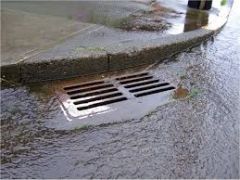 A drain that carries water away from a street or parking lot.