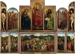 in "The Ghent Altarpiece", Jan van Eyck represents many key figures of the Christian religion, thereby primarily fulfilling which role of the artist?