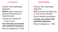 - Leukoplakia: OCCASIONALLY associated with epithelial dysplasia

- Erythroplakia: USUALLY associated with epithelial dysplasia