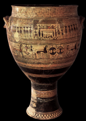 - Greek vase painting

- from the Dipylon Cemetery, Athens 
- c. 750-735 bc 
- an example of the Geometric style
- Detailed pictorial record of funerary rituals associated with an important person. 