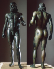 Greek Classical period, 480-323 BCE
- c. 460-450 bce 
- found in the sea off Riace, Italy
- reveals a striking balance between the idealized smoothness of "perfected" anatomy conforming to Early Classical standard and the reproduction go details ...
