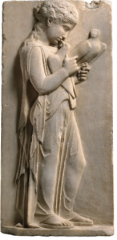 Greek Classical period, 480-323 BCE
- c. 450-440 bce 
- found on the island of Paros 
- portrays a girl, seemingly bidding farewell to her pet birds. 