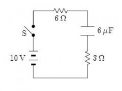 

In the circuit shown, the capacitor is initially uncharged. At timet= 0, switch S is closed. Ifτdenotes the time constant, the approximate current through the 3Ωresistor whent=τ/10is: