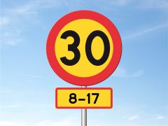 Du kör på en 50-väg och kommer fram till detta vägmärke en lördag kl 15.00. Vilken högsta hastighet gäller efter märket? 


1. 30 km/h 
2. 50 km/h 
3. 70 km/h