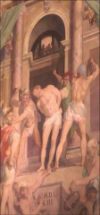 Flagellation (in the Oratory of Gonfalone); person in foreground is seen holding the crown of thorns; Jesus is being wounded in the background