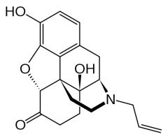 derivato morfina

All sull'N + C=O in 6

antagonista rec oppioidi mu/k/delta -> antidoto x overdose da oppiacei

SAR -> dimensione sostituente sull'N determina attività agonista/antagonista

-> sostituzione OH in 6 non cambia attività analge...