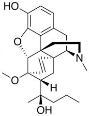 analgesico narcotico > oripavine

SAR = ponte etilenico C=C + OH in 3 e OCH3 in 6 + C 4° in 7 che lega CH3 OH e gruppo lipofilo nPr che forma leg accessorio -> oppioidi + potenti in assoluto

agonista rec oppioidi mu

molto + potente della mor...