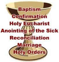 Baptism, Confirmation, Communion (First Eucharist), Reconciliation, Holy Orders, Holy Matrimony and Anointing of the Sick