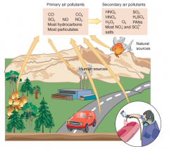 Primary air pollutants are emitted, unchanged, from a source directly into the atmosphere, whereas secondary air pollutants are produced in the atmosphere from chemical reactions involving primary air pollutants or other substances normally found ...