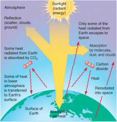 The buildup of carbon dioxide (CO2) and other greenhouse gases absorbs some of the outgoing infrared (heat) radiation, warming the atmosphere. Some of the heat in the warmed atmosphere is transferred back to Earth's surface, warming the land and o...