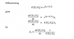 Differentiating this gives β₁ ≅ ε / Xᵢ
... where ε is the elasticity of the conditional expectation E[Yᵢ|Xᵢ] w.r.t. the explanatory variable.

Intuitively:
β₁ ≅ (the proportional effect on E[Yᵢ|Xᵢ] ) / (The change in Xᵢ)
...