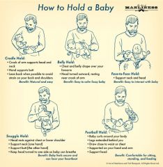 cradle hold: cradle the newborn head in the bend of the elbow, this permits eye to eye contact and is a good position for feeding 

upright position: hold the newborn upright, and face him toward the holder while supporting his head, upper back,...