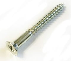 A threaded metal fastener with a pointed end that connects wood members by the friction created between the threads and the wood. Attached with a screw driver.